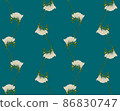 Freesia twig blooming with white flowers seamless pattern illustration on blue background 86830747