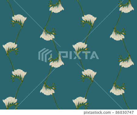 Freesia twig blooming with white flowers seamless pattern illustration on blue background Freesia twig blooming with white flowers seamless pattern illustration on blue background 86830747