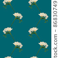 Freesia white blooming flower twig seamless pattern illustration on blue background 86830749