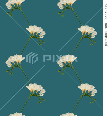 Freesia white blooming flower twig seamless pattern illustration on blue background Freesia white blooming flower twig seamless pattern illustration on blue background 86830749