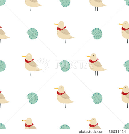 Vector seamless pattern with seagulls in neck handkerchiefs and shells Vector seamless pattern with seagulls in neck handkerchiefs and shells 86831414