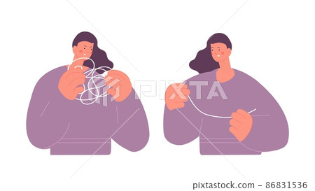 Woman unravels puzzle. Tangled mind, mental problems solution. Angry adult with tangle and happy with simple line, mindfulness self care, vector concept Woman unravels puzzle. Tangled mind, mental problems solution. Angry adult with tangle and happy with simple line, mindfulness self care, vector concept 86831536