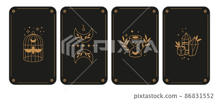 Tarot covers design. Occult ancient mystic cards. Divination ritual, witchcraft vintage posters. Linear graphics, crystal and moon, stars and cage. Gypsy magic vector set Tarot covers design. Occult ancient mystic cards. Divination ritual, witchcraft vintage posters. Linear graphics, crystal and moon, stars and cage. Gypsy magic vector set 86831552