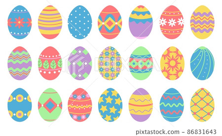 Isolated easter eggs. Dotted egg, different spring festive elements. Isolated colored holiday decorations. Floral and geometric decorative decent vector icons 86831643