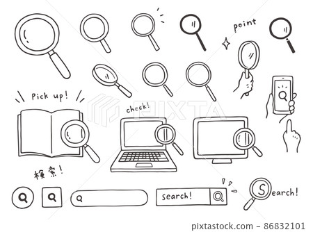 Hand-drawn illustrations related to magnifying glass and search (monochrome) 86832101