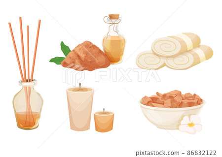 Set rolled towels, aroma candles, incense sticks in bottle, sandal wood pieces and powdered in bowl, oil in cartoon style isolated on white background. Relax, wellness treatment concept. 86832122