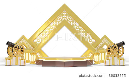 Islamic product display mock up. Podium, crescent moon, lantern, gift box. Ramadan, Islamic New Year. 3D rendering. PNG File 86832555