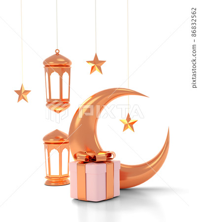 Islamic product display mock up. Podium, crescent moon, lantern, gift box. Ramadan, Islamic New Year. 3D rendering. PNG File Islamic product display mock up. Podium, crescent moon, lantern, gift box. Ramadan, Islamic New Year. 3D rendering. PNG File 86832562