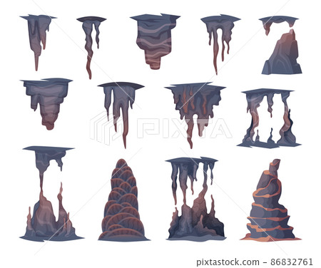 Stalagmite stones. Mountains natural rocks objects in cave exact vector collection set 86832761