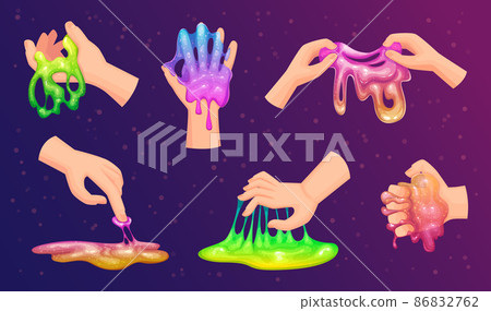 Slime in hands. Jelly colored squeeze game with colored liquid glue toys exact vector illustrations set isolated Slime in hands. Jelly colored squeeze game with colored liquid glue toys exact vector illustrations set isolated 86832762