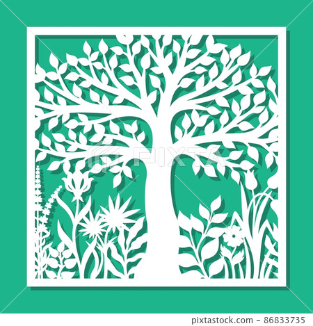 Square panel with a tree, grass, flowers. Painting with a floral motif, lavender, bluebells, tulips, leaves. Template for plotter laser cutting of paper, metal engraving, wood carving, cnc. Vector. Square panel with a tree, grass, flowers. Painting with a floral motif, lavender, bluebells, tulips, leaves. Template for plotter laser cutting of paper, metal engraving, wood carving, cnc. Vector. 86833735