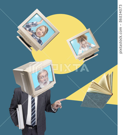 Creative artwork. Contemporary art collage. Happy little girls and senior teacher looking from vintage computer screen isolated over yellow background. Retro style gadgets Creative artwork. Contemporary art collage. Happy little girls and senior teacher looking from vintage computer screen isolated over yellow background. Retro style gadgets 86834073