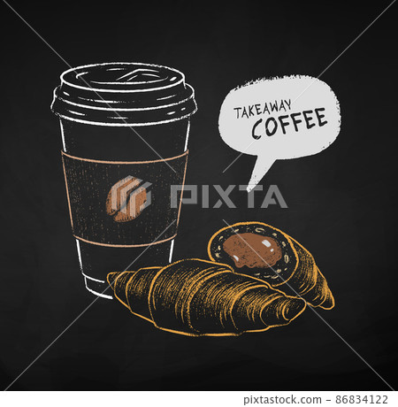 Chalk drawn illustration of takeaway Coffee cup and croissant 86834122