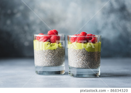 Chia pudding with raspberries Chia pudding with raspberries 86834320