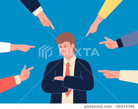 Bullying on work. Corporate blame, office hostility and fear. Tired depressed person, employee male victim of bullies. Hands indicate man recent vector concept Bullying on work. Corporate blame, office hostility and fear. Tired depressed person, employee male victim of bullies. Hands indicate man recent vector concept 86834346