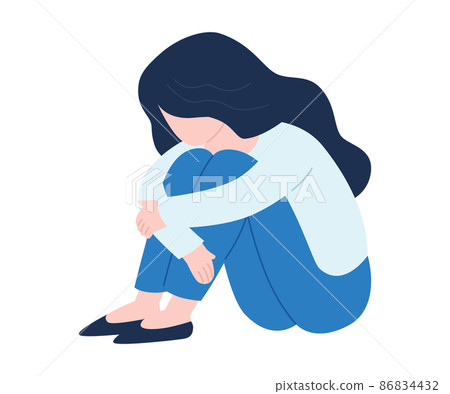 Illustration of a depressed woman holding her knees Illustration of a depressed woman holding her knees 86834432