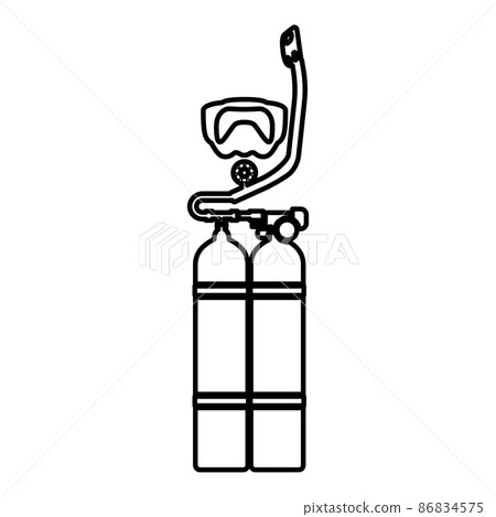 Set of skin-diver scuba diver mask snorkel aqualung dive tank cylinders balloon diving gear contour outline line icon black color vector illustration image thin flat style Set of skin-diver scuba diver mask snorkel aqualung dive tank cylinders balloon diving gear contour outline line icon black color vector illustration image thin flat style 86834575