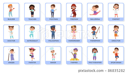 Children professional characters, young teacher, doctor and astronaut cards. Training cards for kids professions vector illustration set. Baby doctor, builder and farmer 86835282
