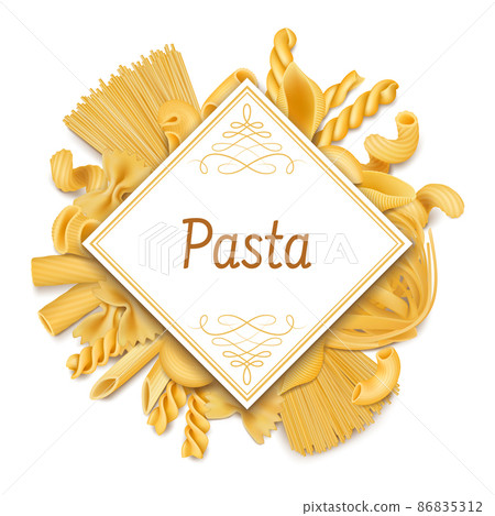 Pasta poster, italian cuisine dry macaroni background. Raw wheat food, italian cuisine dish ingredients vector illustration. Organic pasta poster 86835312