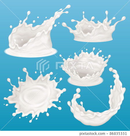 Realistic milk splash, liquid dairy splatter. Dairy natural products splashes vector illustration set. Splatter of yogurt, milk or cream 86835331