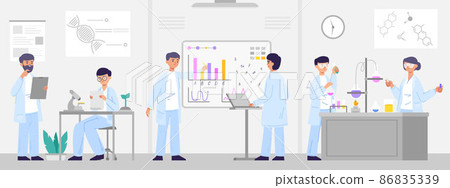 Laboratory research, medical innovation workers, biotech experiment concept. Doctor conducts study in laboratory vector illustration. Microbiology or chemical research 86835339