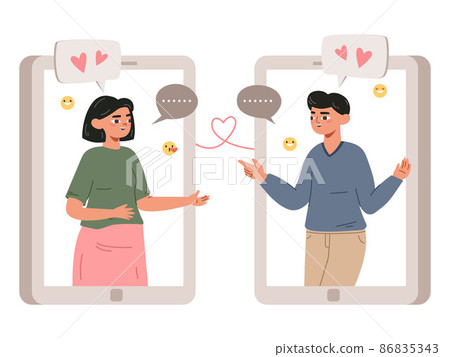 Date mobile app, perfect match, romantic couple chatting. Online dating app relationship communication vector illustration. Virtual dating app concept 86835343