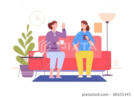 Friends drink tea home. Coffee drinking, female fun conversation on comfy couch, meeting laughing friends chatting and gossiping dialog on sofa cartoon character vector 86835345