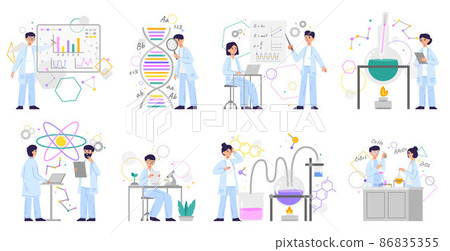 Clinic lab doctor characters, science analysis laboratory. Scientists doing research in chemical lab vector illustration set. Science characters wearing white laboratory coat 86835355