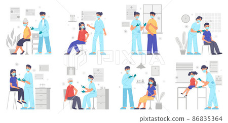 Vaccine, immunisation medical scenes, people get vaccinated. Senior, adults and kids at doctors examination vector illustration set. Doctor with syringe vaccinates people Vaccine, immunisation medical scenes, people get vaccinated. Senior, adults and kids at doctors examination vector illustration set. Doctor with syringe vaccinates people 86835364
