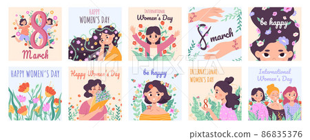 International womens day posters, celebrating march 8 postcards. Spring holiday cards with cute girls and flowers vector illustration set. Womens day flyers International womens day posters, celebrating march 8 postcards. Spring holiday cards with cute girls and flowers vector illustration set. Womens day flyers 86835376