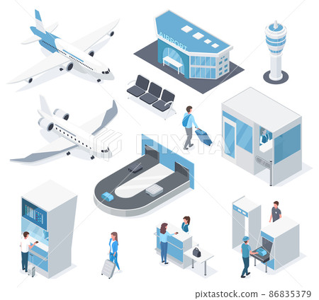 Isometric airport elements, plane, passengers, passport check and terminal. Airport building and baggage claim vector illustration set. Airport equipment 86835379
