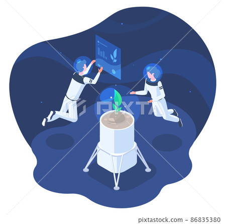 Isometric space colonisation, astronauts growing plants in space. Spaceman growing plant under zero gravity vector illustration. Genetic engineering and space colonization Isometric space colonisation, astronauts growing plants in space. Spaceman growing plant under zero gravity vector illustration. Genetic engineering and space colonization 86835380