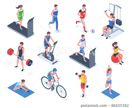 Isometric sport people, fitness, gym and yoga. People training on exercise bike and treadmill vector illustration set. Barbell lifting and football characters 86835382