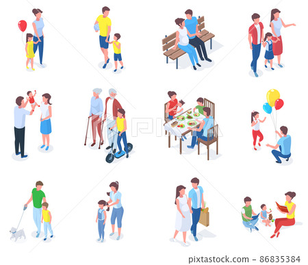 Isometric family, parents play and walk with children. Families walk in park, reading books or having dinner vector illustration set. Parents spending time with kids Isometric family, parents play and walk with children. Families walk in park, reading books or having dinner vector illustration set. Parents spending time with kids 86835384