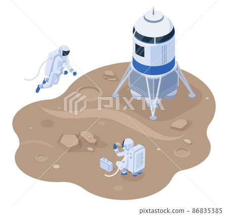Isometric space station, space exploration and colonisation. Space explorers on mars or moon, planet vector illustration. Planet atmosphere or soil study 86835385