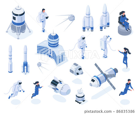 Isometric space bodies, astronaut, satellites and spacecraft. Outer space exploration, lunar rover and rockets vector illustration set. Space technology and astronautics 86835386