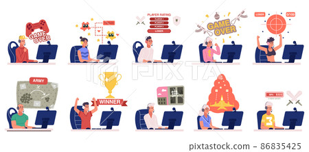 Cyber sport gamers, e-sport team, battle and coaching. Multiethnic gamers team playing video games vector illustration set. Electronic sports tournament 86835425