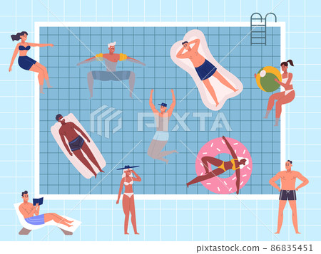 Summer pool party characters, swimming and relaxing people. Pool activities, people floating on rubber mattresses or bathe in water vector illustration. Summertime activity 86835451