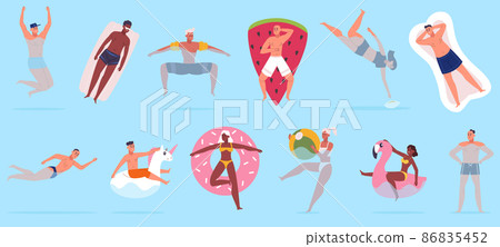 Pool swimming characters, people floating in sea with rubber swim toys. Relaxing summer beach vacation, pool activities vector illustration set. Swimming characters 86835452
