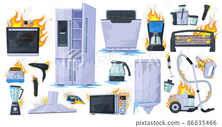 Broken, damaged household appliance, burnt refrigerator, toaster and washing machine. Damaged household electronic gadgets vector illustration set. Broken home appliances 86835466