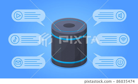 Voice assistant, smart home speaker concept. Digital voice assistant for smart home vector illustration. Voice-controlled speaker plays music Voice assistant, smart home speaker concept. Digital voice assistant for smart home vector illustration. Voice-controlled speaker plays music 86835474