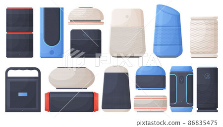 Smart voice assistant, wireless speaker user control devices. Voice-controlled virtual assistants vector illustration set. Smart home technology devices Smart voice assistant, wireless speaker user control devices. Voice-controlled virtual assistants vector illustration set. Smart home technology devices 86835475
