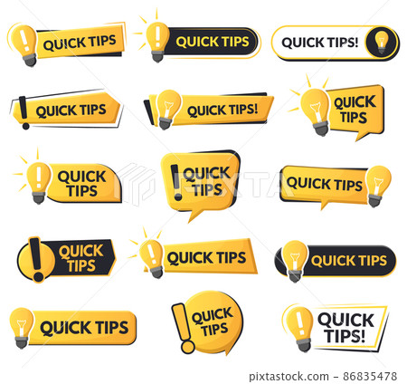 Quick tips helpful emblems, problem solution or advice speech bubbles. Tricks and helpful suggestions abstract vector symbols set. Quick tips trick logos 86835478