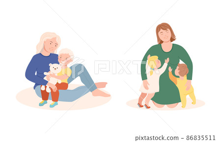 Young Mother Playing and Nursing Her Children Vector Illustration Set 86835511