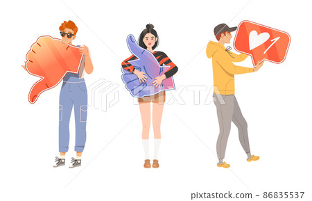 Young Man and Woman Holding Thumb Up and Down Sign as Notification of Approval and Disapproval Vector Illustration Set Young Man and Woman Holding Thumb Up and Down Sign as Notification of Approval and Disapproval Vector Illustration Set 86835537