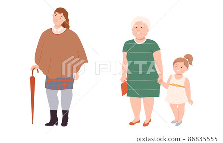 Woman Character with Corpulent Body Standing with Little Girl Full Length Vector Illustration Set Woman Character with Corpulent Body Standing with Little Girl Full Length Vector Illustration Set 86835555