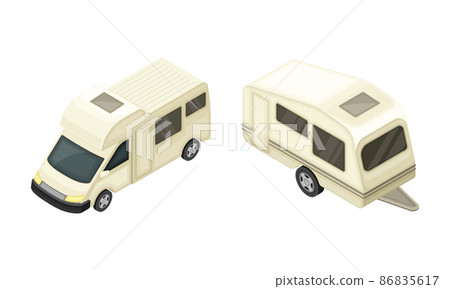 Camper Van or Travel Trailer as Home During Journey or Vacation Isometric Vector Illustration Set Camper Van or Travel Trailer as Home During Journey or Vacation Isometric Vector Illustration Set 86835617