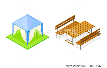 Picnic Tent or Marquee on Green Square Area and Wooden Table with Bench Isometric Vector Illustration Set Picnic Tent or Marquee on Green Square Area and Wooden Table with Bench Isometric Vector Illustration Set 86835618