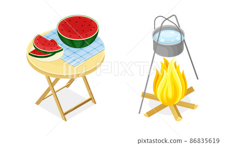 Fresh Watermelon on Wooden Table and Boiling Water in Cauldron on Fire as Picnic Isometric Vector Illustration Set 86835619