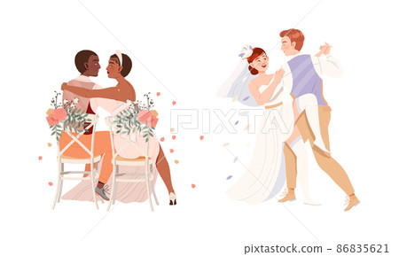 Affectionate Newlyweds Couple as Just Married Male and Female in Wedding Dress Embracing and Dancing Vector Illustration Set 86835621
